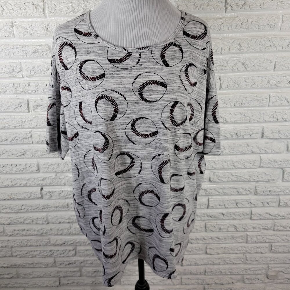 LuLaRoe XL Tee T-Shirt Gray Heather Baseballs Print Crew Neck GRA76E